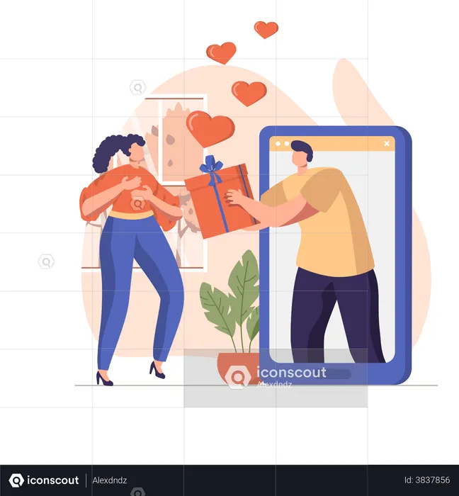 Boyfriend sending gift to girlfriend through mobile  Illustration