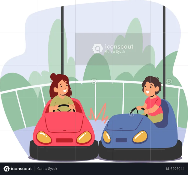 Boys and Girls Riding Carts or Bumper Car Attraction in Amusement Park  Illustration