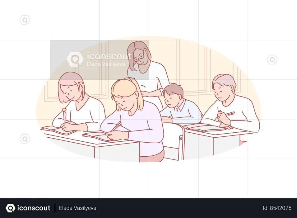 Boys and girls taking educational exam while woman tutor checking their work  Illustration