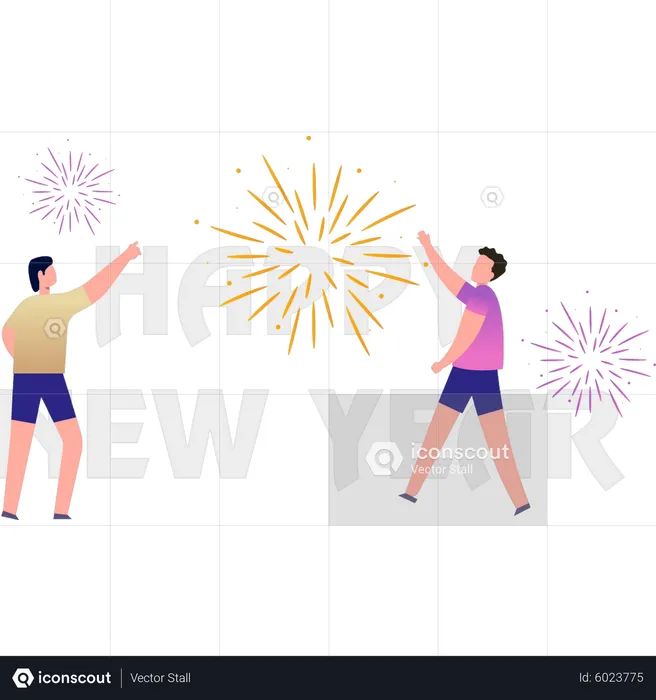 Boys celebrate New Year with crackers  Illustration