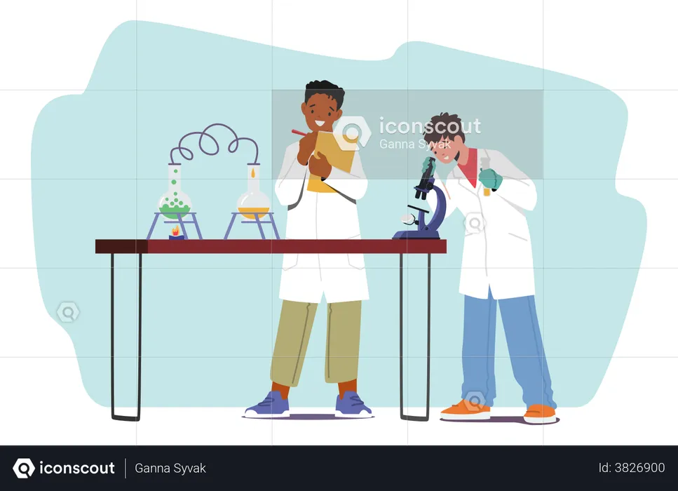 Boys Conduct Chemical Experiment  Illustration