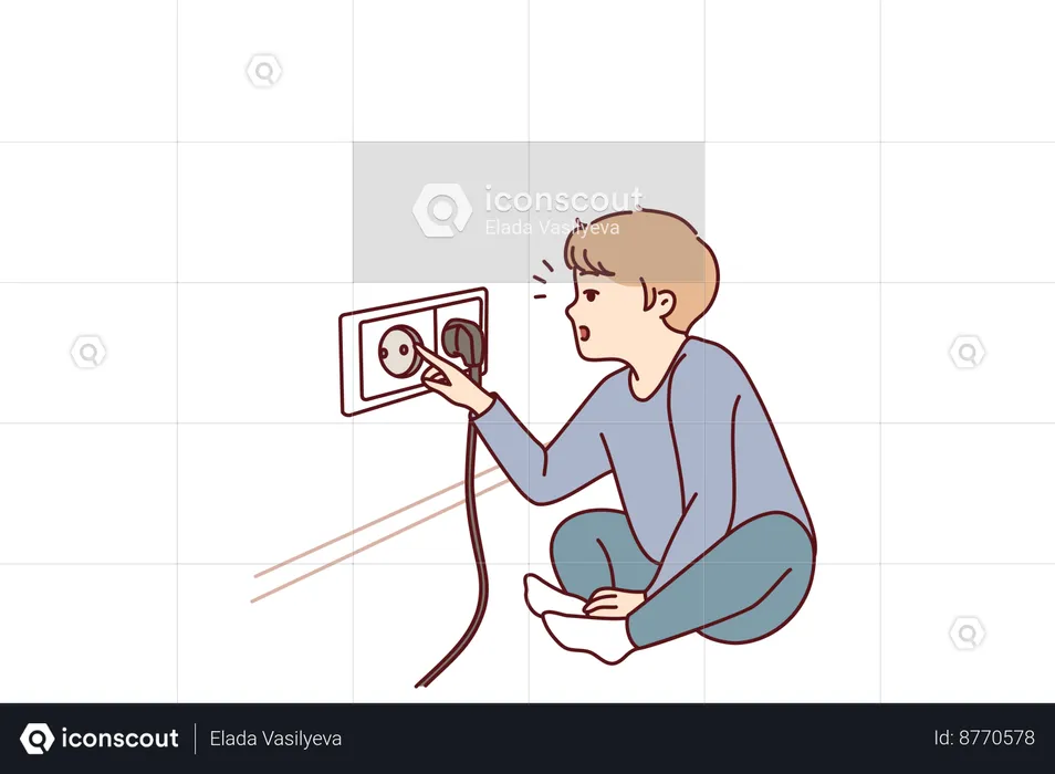 Boy's finger is stuck in socket  Illustration