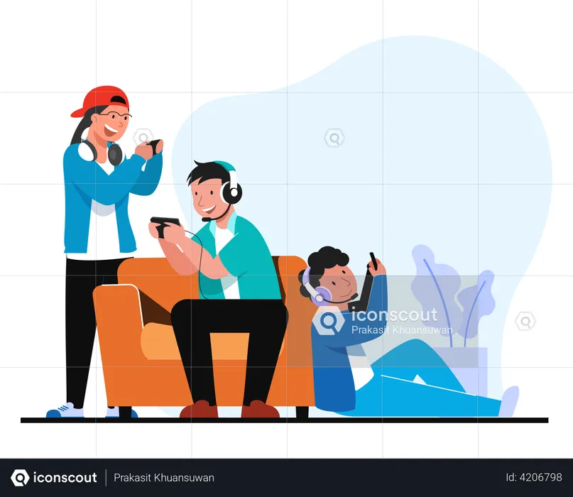 Boys playing game in online gaming competition  Illustration