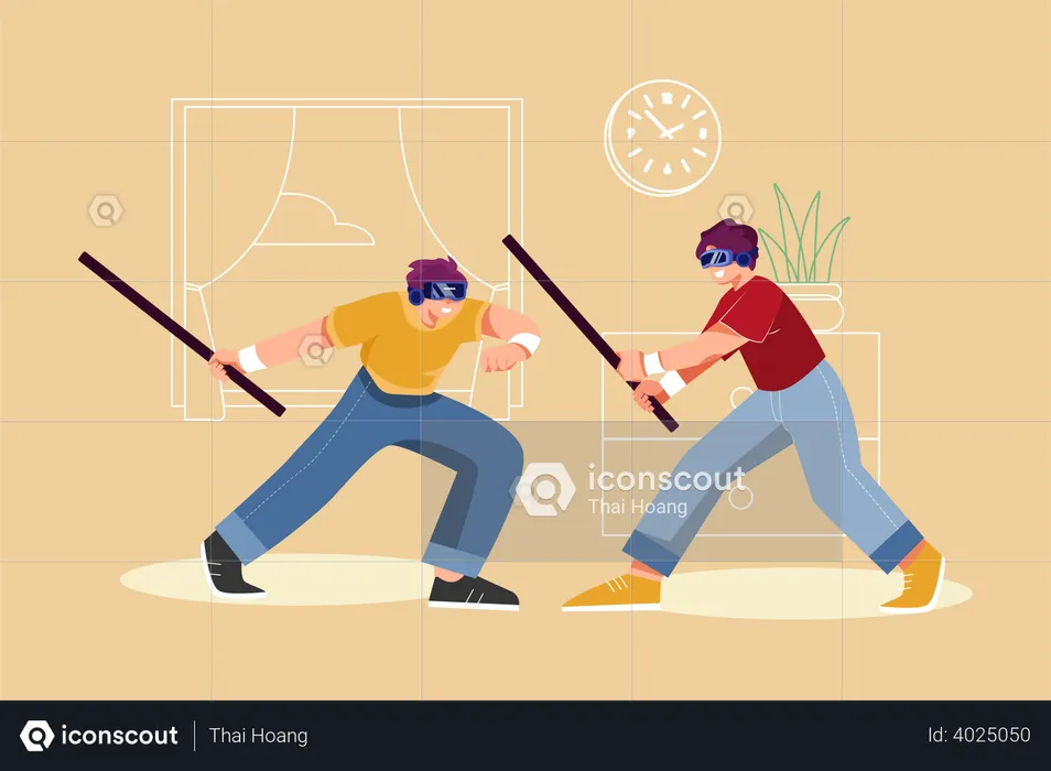 Boys playing sword game using VR Tech  Illustration