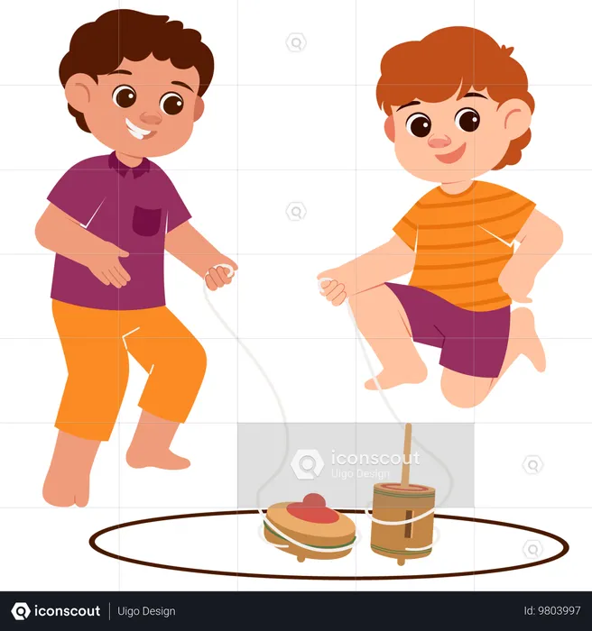 Boys Playing Tops  Illustration