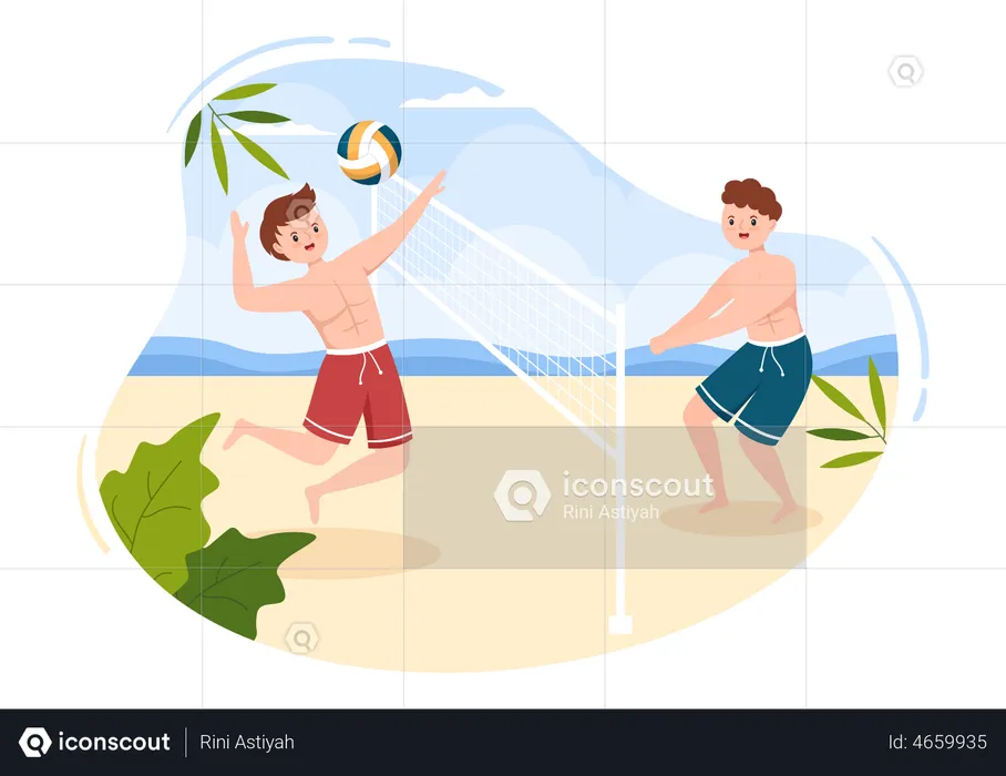 Boys playing volleyball at beach  Illustration