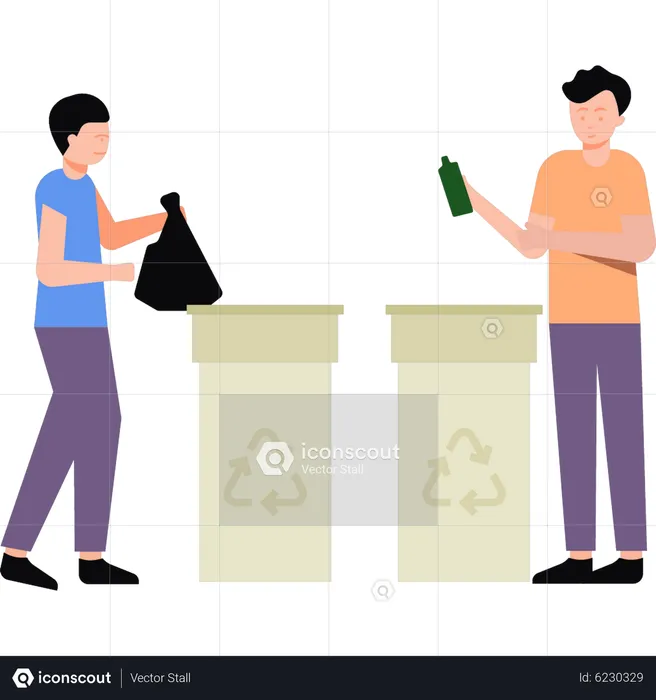 Boys putting garbage in bin  Illustration