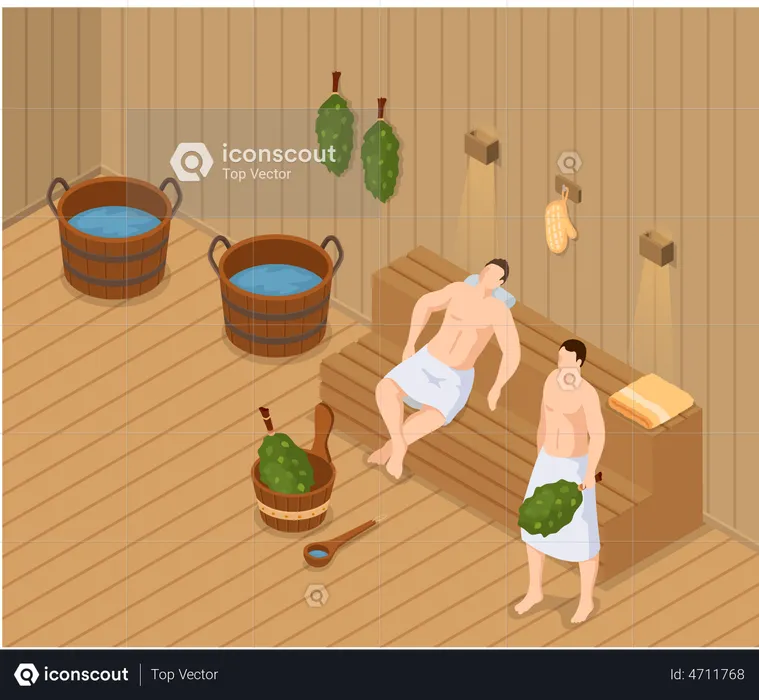 Boys relaxing in Sauna and steam room  Illustration