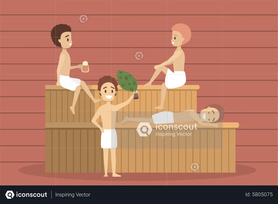 Boys relaxing in sauna  Illustration