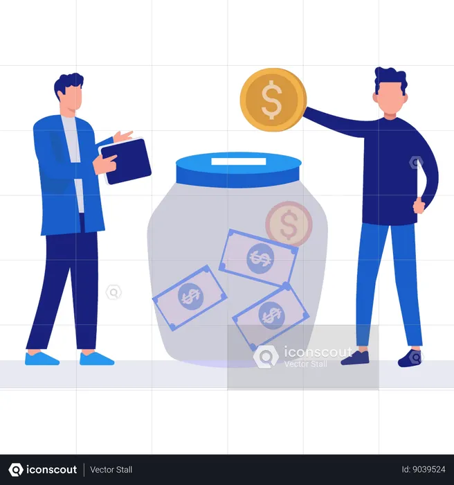 Boys Saving Money In Savings Jar  Illustration