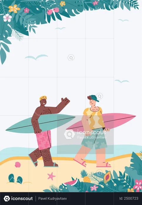 Boys walking on beachside with surfboard  Illustration