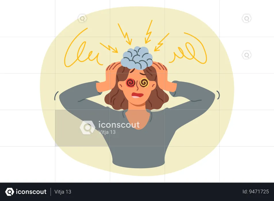 Brain explosion of shocked woman clutching head due to problems with psychological stability  Illustration