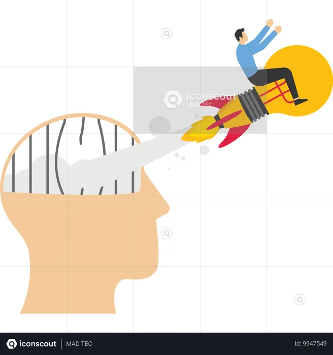 Brave businessman flies out of prison with human head with light bulb  Illustration