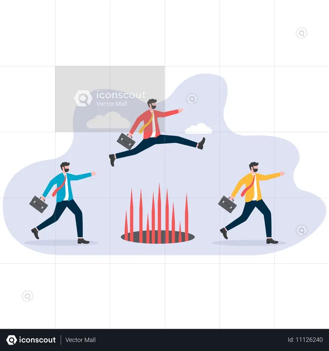 함정을 피하기 위해 함정과 가시를 뛰어넘으려는 용감한 사업가  일러스트레이션