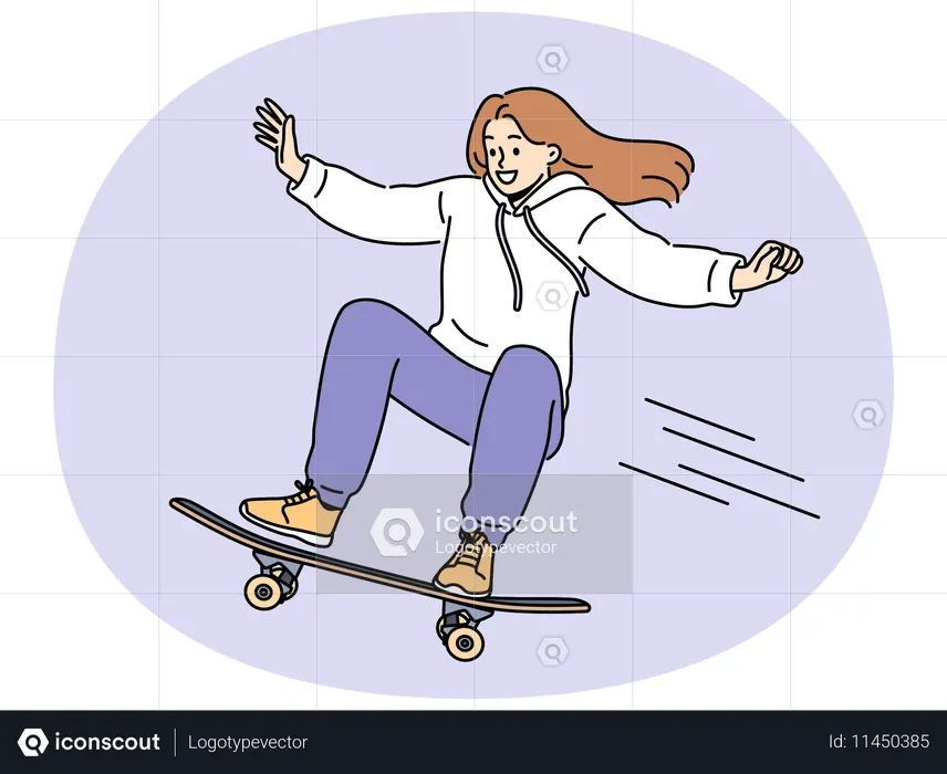 Brave girl skateboarder makes aerial stunt by bouncing on professional ramp in skatepark  Illustration