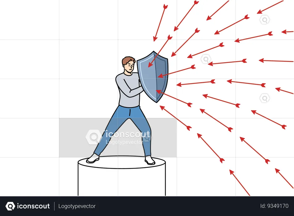 Brave man defends himself from problems using shield to deflect flying arrows from enemies  Illustration