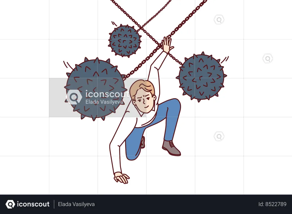 Brave man dodges prickly balls suspended from chain  Illustration