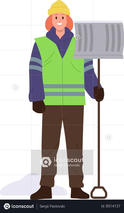 Brave woman janitor standing with shovel  Illustration