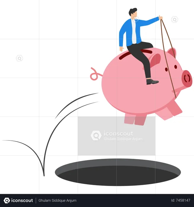 Bravely piggy bank jump through danger hole metaphor  Illustration