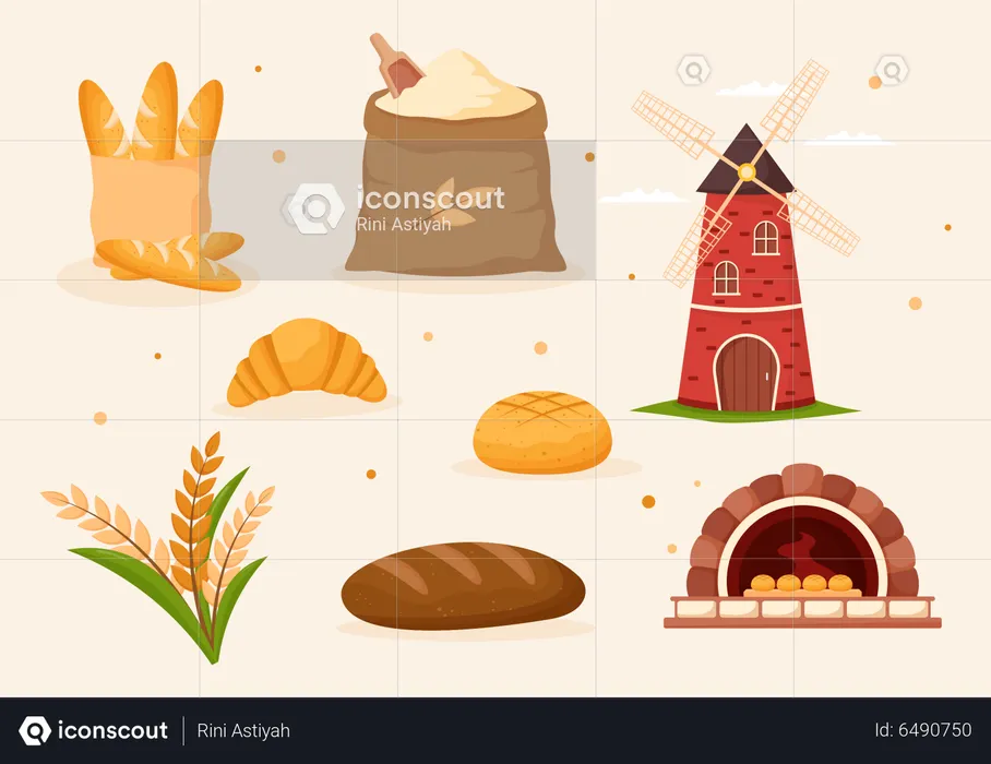 Bread and mill with harvest grain  Illustration