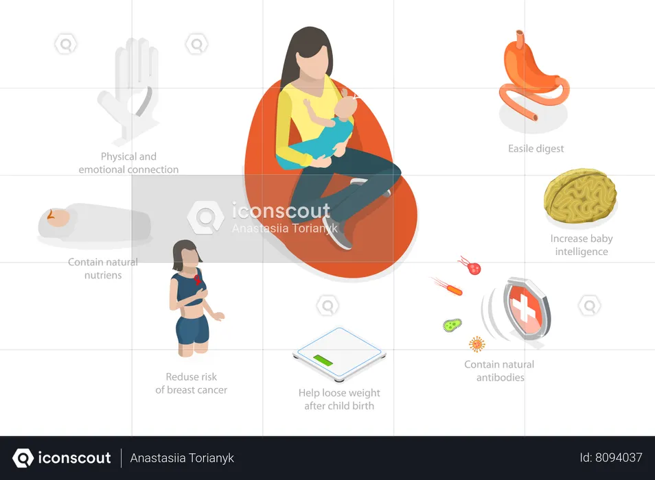 Breast Feeding Benefits and Young Woman Nursing Newborn Baby  Illustration
