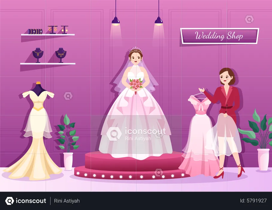 Bridal trying dress in wedding shop  Illustration