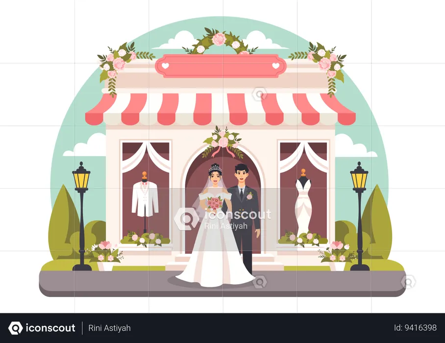 Bride and Gowns at Wedding Shop  Illustration