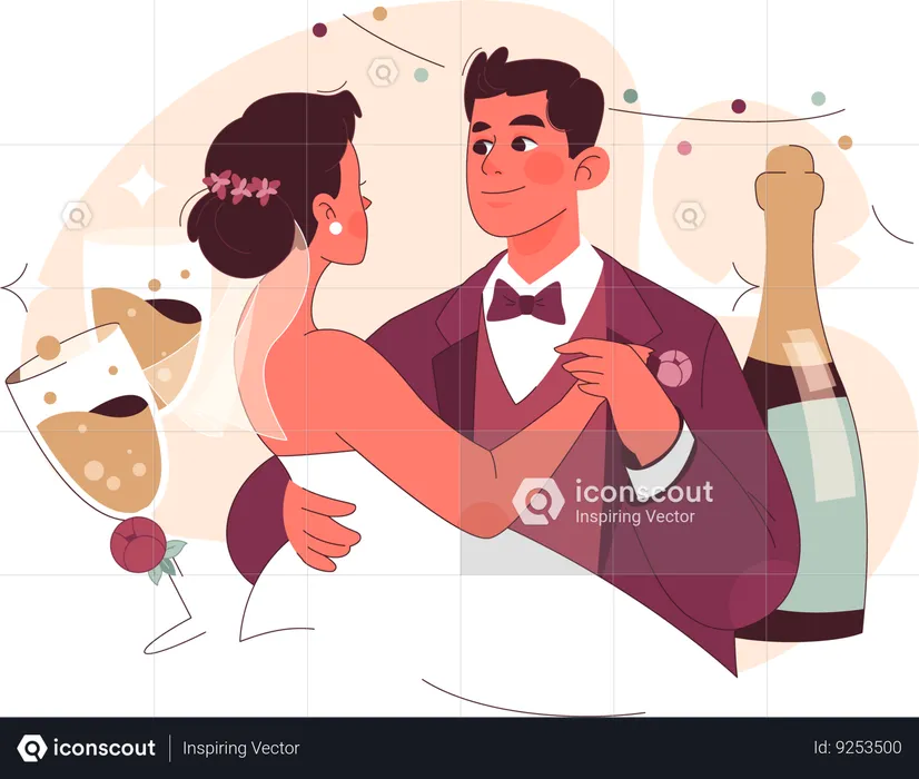 Bride and groom doing wedding dance with Champagne  Illustration