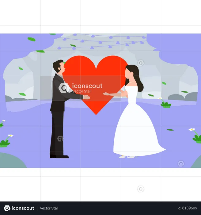 Bride and groom holding hearts  Illustration