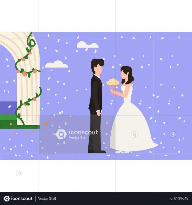 Bride giving bouquet to groom  Illustration