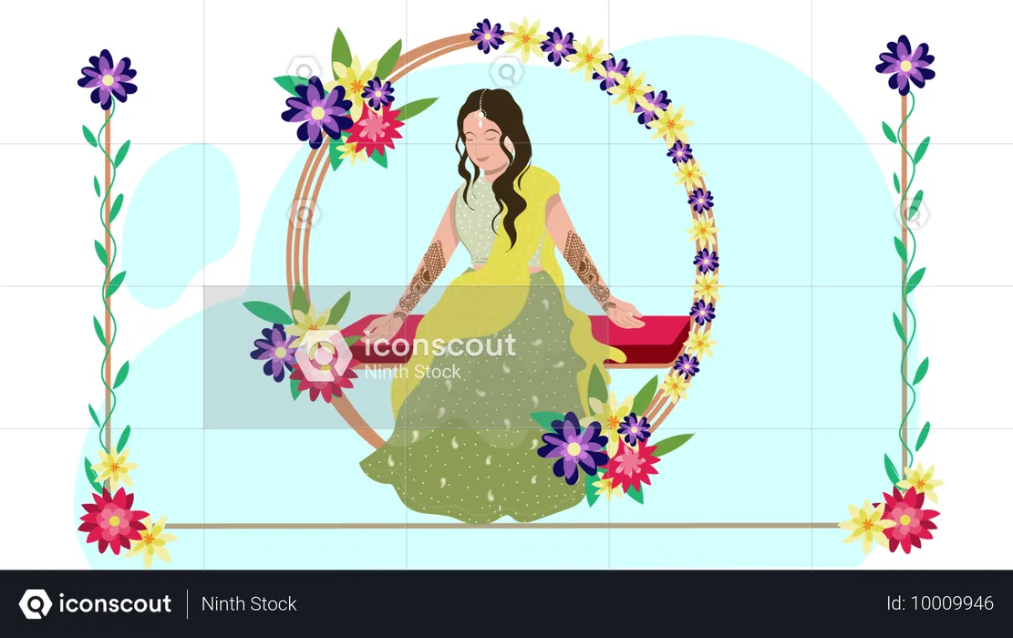 Bride sitting on swings while giving Mehendi pose for photoshoot  Illustration