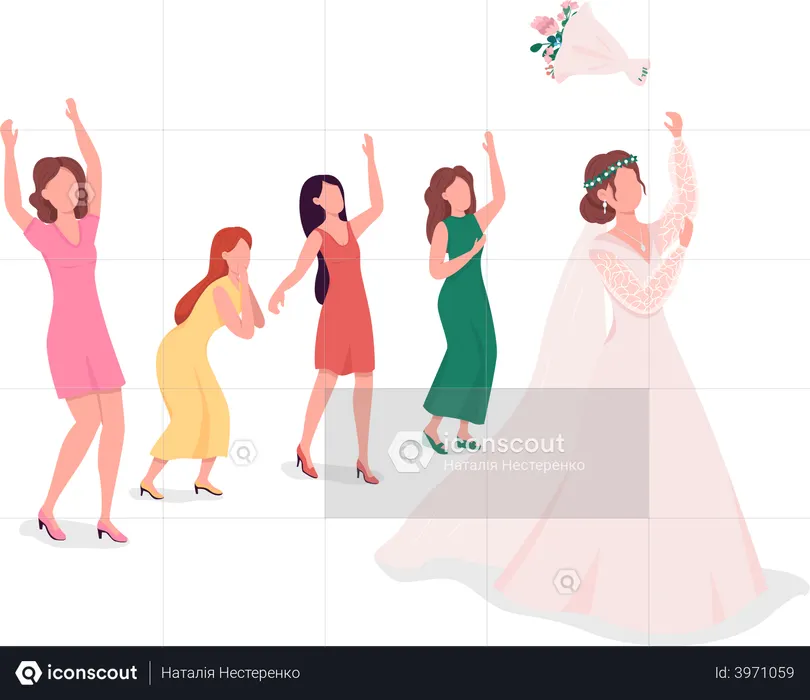 Bride throwing flowers to bridesmaids  Illustration