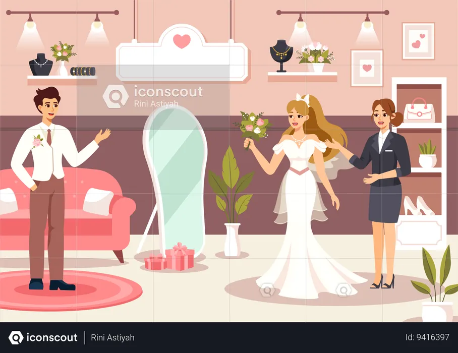 Bride Try Wedding Dress at shop  Illustration