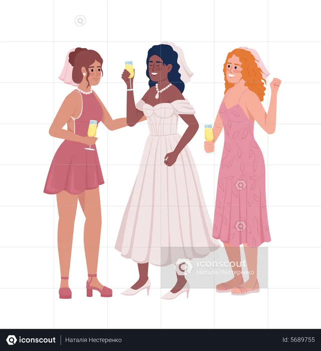 Bride with bridesmaids drinking wine  Illustration
