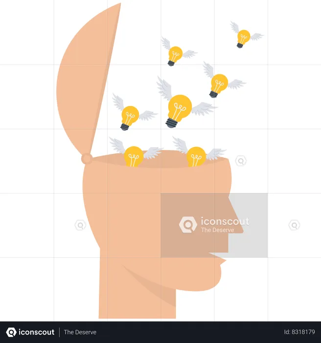 Bright light bulb ideas flying from genius human head idea generation  Illustration