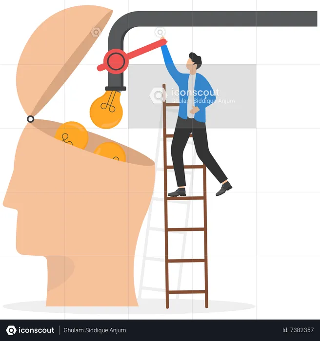 Bright lightbulb ideas flow from pipe into human head  Illustration