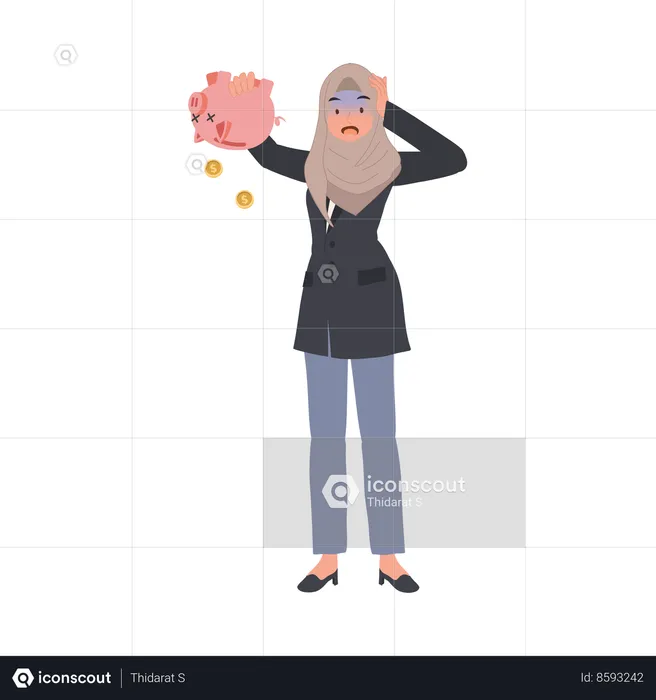 Broke Muslim Woman with Empty Piggy Bank  Illustration