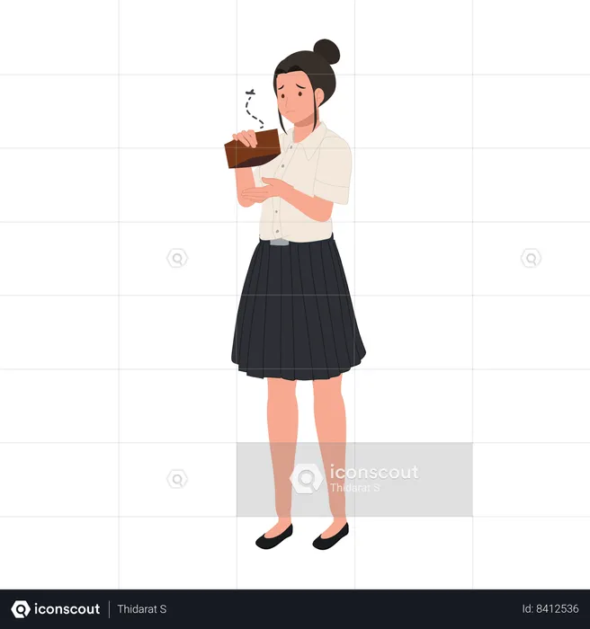 Broke Thai university student in uniform with empty wallet ,out of money  Illustration