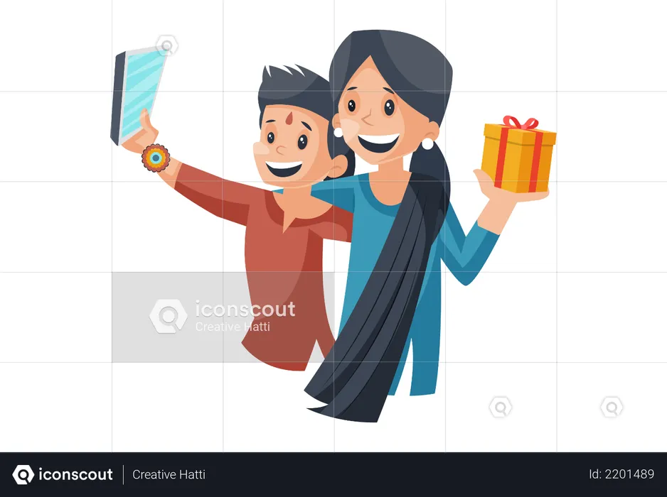 Brother taking selfie after giving gift to sister  Illustration