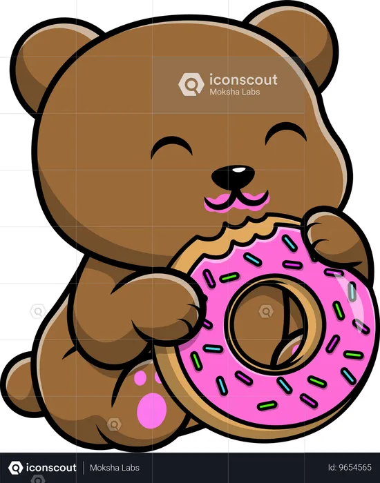 Brown Bear Eating Doughnut  Illustration