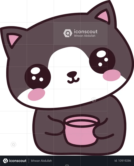 Brown Cute Cat Kitten Animal Character with Happy Expression Holding Glass  Illustration