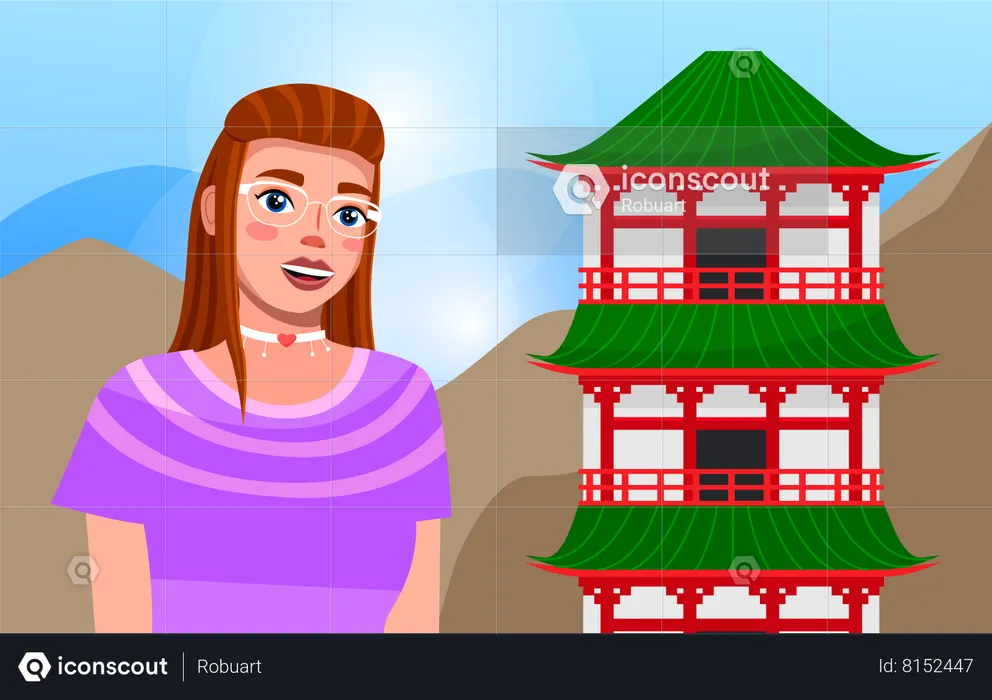 Brown-haired smiling girl in glasses standing at traditional japanese building  Illustration