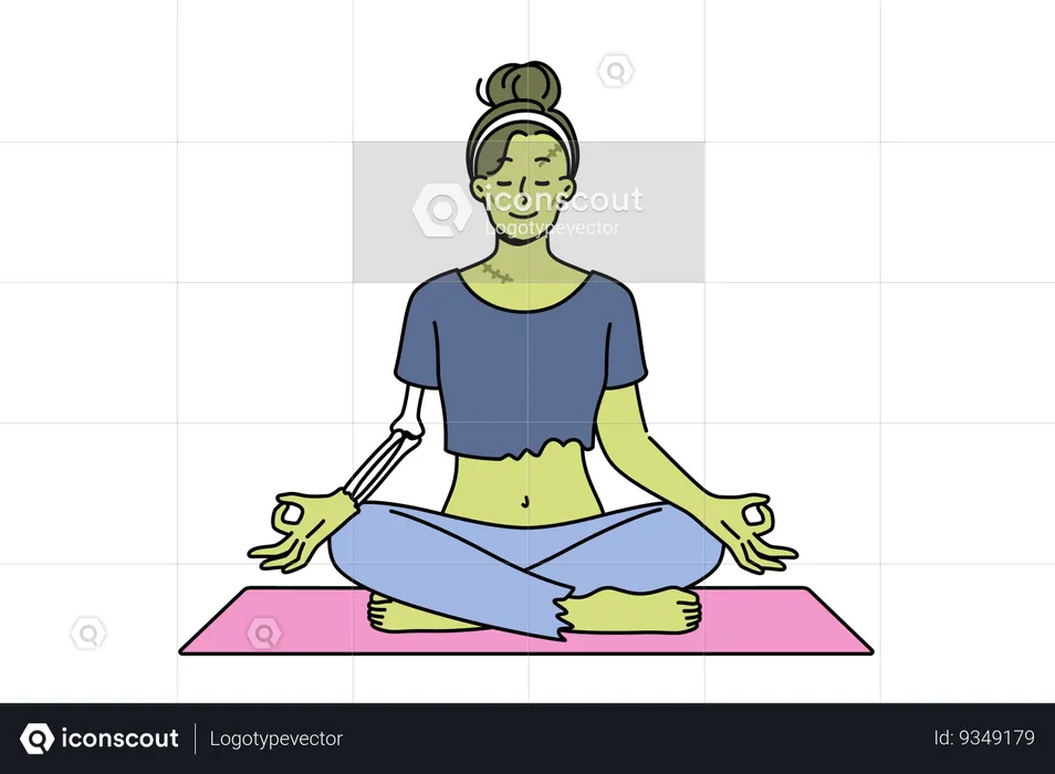 Bruja verde meditando en posición de loto haciendo yoga en halloween para restaurar la salud  Ilustración