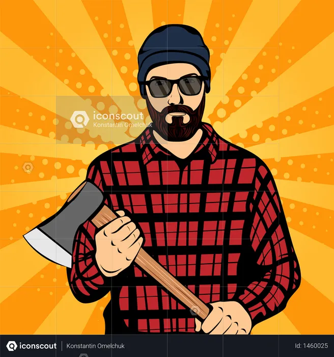 Brutal Hipster Lumberjack with Beard and Axe  Illustration