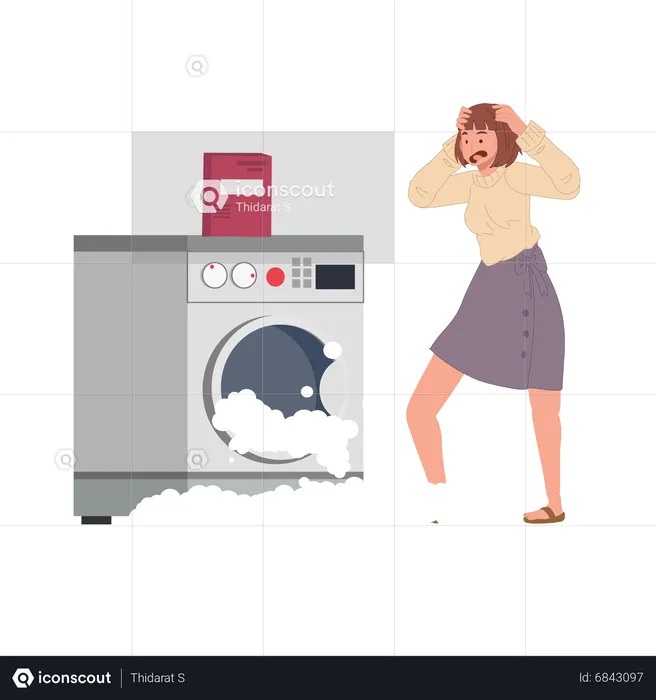 Bubble and foam come out of washing machine due to it is broken  Illustration