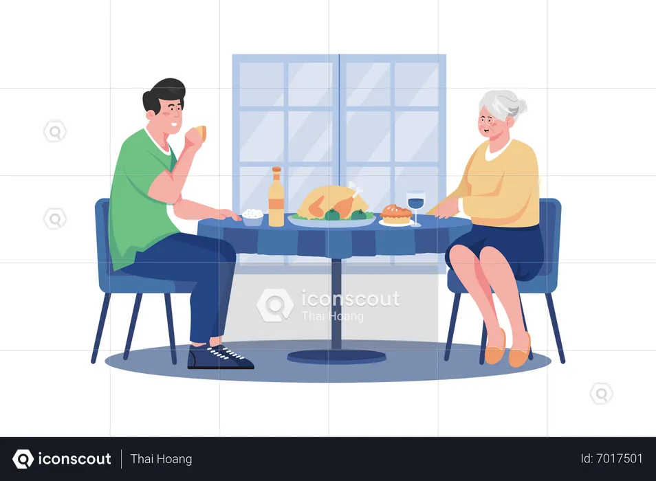 El agradable almuerzo del hombre con la madre en el Día de la Mujer  Ilustración