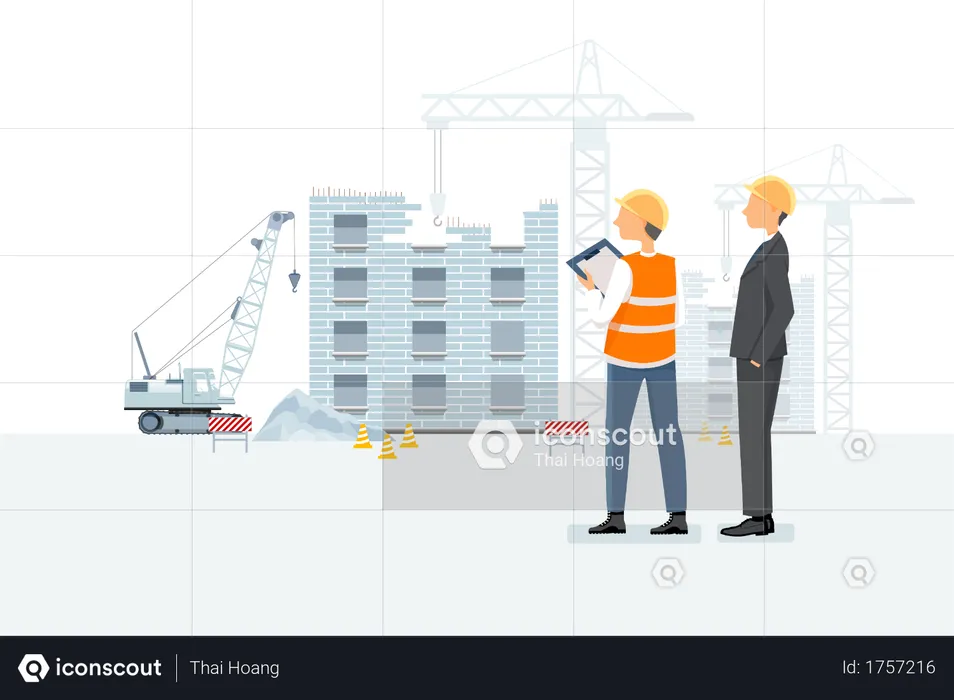 Builder and construction worker discussing the status of working  Illustration