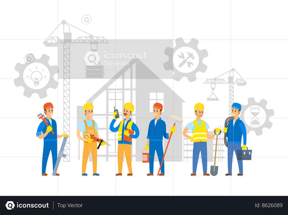 Builder and worker standing with instruments  Illustration