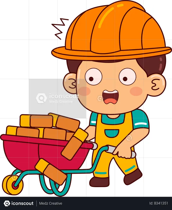 Builder boy pushing brick trolley  Illustration