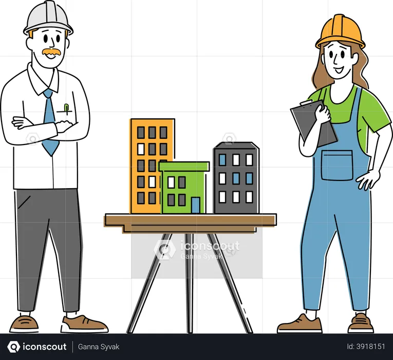 Builder Engineer Presenting Model of House Mock Up to Foreman  Illustration
